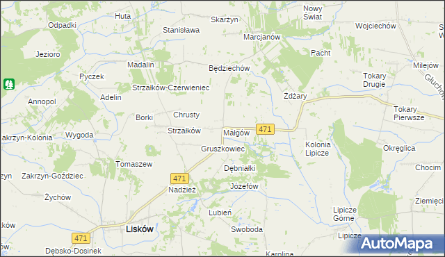 mapa Małgów gmina Lisków, Małgów gmina Lisków na mapie Targeo