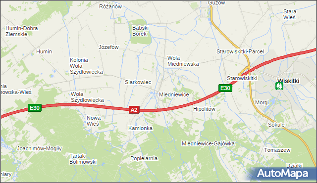 mapa Miedniewice gmina Wiskitki, Miedniewice gmina Wiskitki na mapie Targeo