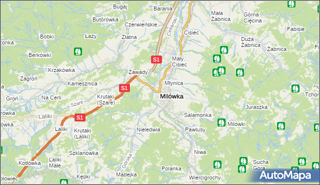 mapa Milówka powiat żywiecki, Milówka powiat żywiecki na mapie Targeo