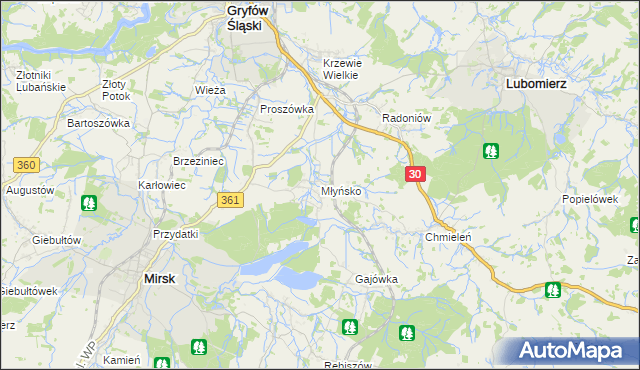 mapa Młyńsko gmina Gryfów Śląski, Młyńsko gmina Gryfów Śląski na mapie Targeo