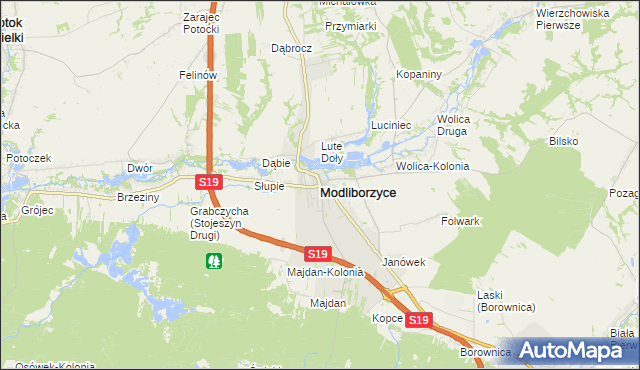 mapa Modliborzyce powiat janowski, Modliborzyce powiat janowski na mapie Targeo