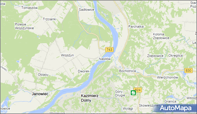 mapa Nasiłów gmina Janowiec, Nasiłów gmina Janowiec na mapie Targeo