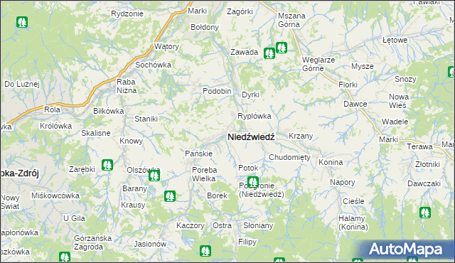 mapa Niedźwiedź powiat limanowski, Niedźwiedź powiat limanowski na mapie Targeo