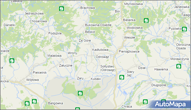 mapa Odrowąż gmina Czarny Dunajec, Odrowąż gmina Czarny Dunajec na mapie Targeo