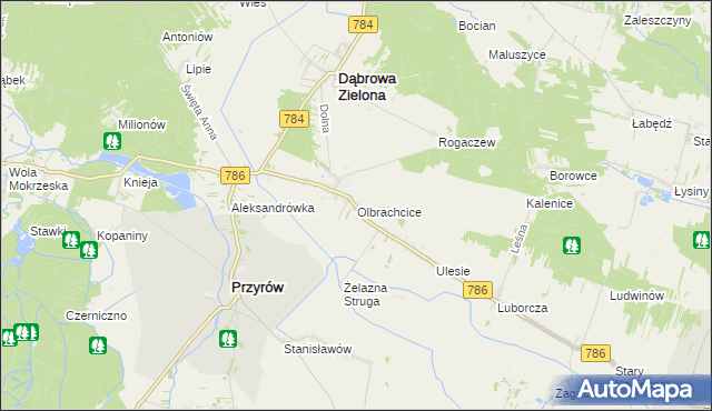 mapa Olbrachcice gmina Dąbrowa Zielona, Olbrachcice gmina Dąbrowa Zielona na mapie Targeo