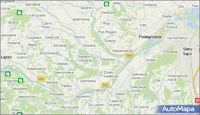 mapa Olszanka gmina Podegrodzie, Olszanka gmina Podegrodzie na mapie Targeo