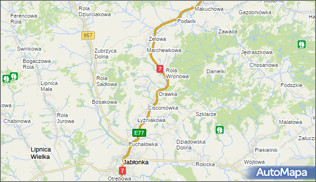 mapa Orawka gmina Jabłonka, Orawka gmina Jabłonka na mapie Targeo