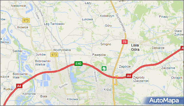 mapa Pawęzów gmina Lisia Góra, Pawęzów gmina Lisia Góra na mapie Targeo