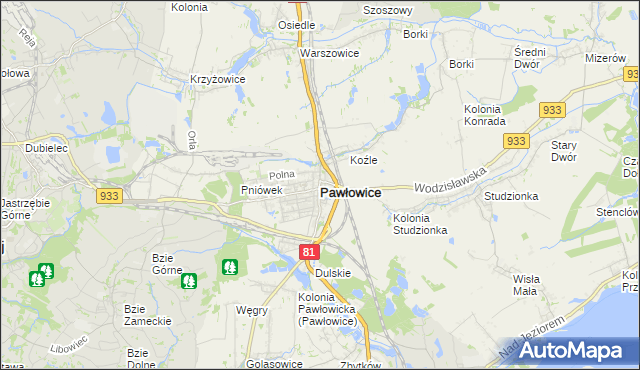 mapa Pawłowice powiat pszczyński, Pawłowice powiat pszczyński na mapie Targeo