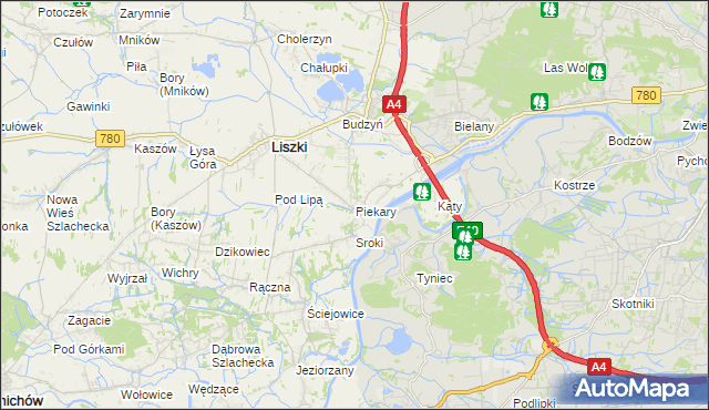 mapa Piekary gmina Liszki, Piekary gmina Liszki na mapie Targeo