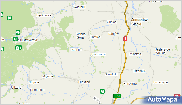 mapa Piotrówek gmina Jordanów Śląski, Piotrówek gmina Jordanów Śląski na mapie Targeo