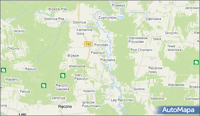 mapa Placówka gmina Ręczno, Placówka gmina Ręczno na mapie Targeo