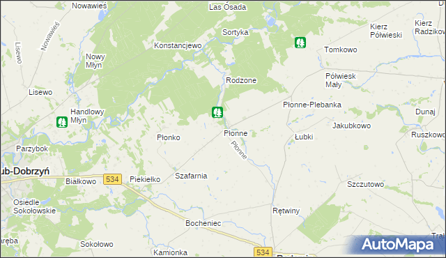 mapa Płonne gmina Radomin, Płonne gmina Radomin na mapie Targeo