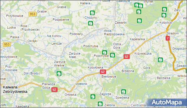 mapa Podchybie gmina Lanckorona, Podchybie gmina Lanckorona na mapie Targeo