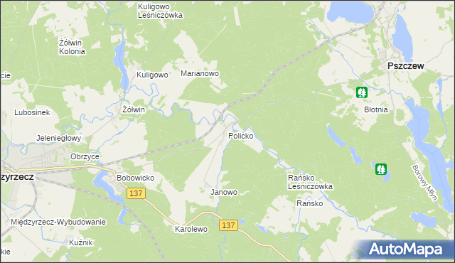 mapa Policko gmina Pszczew, Policko gmina Pszczew na mapie Targeo