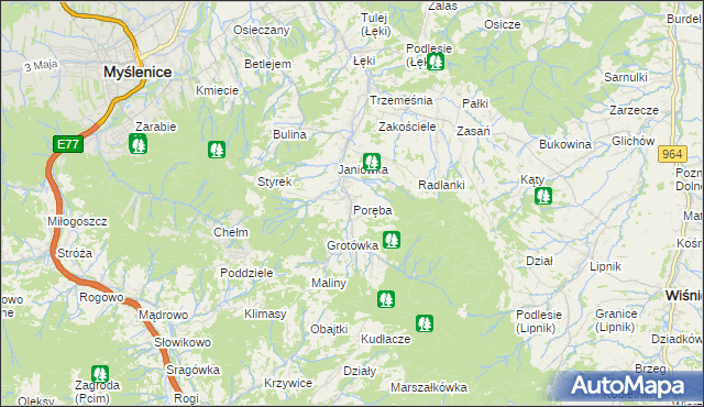 mapa Poręba gmina Myślenice, Poręba gmina Myślenice na mapie Targeo