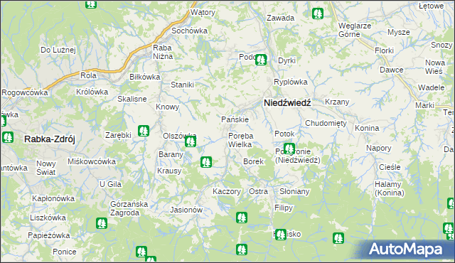 mapa Poręba Wielka gmina Niedźwiedź, Poręba Wielka gmina Niedźwiedź na mapie Targeo