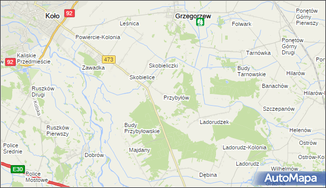 mapa Przybyłów gmina Koło, Przybyłów gmina Koło na mapie Targeo