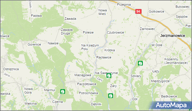 mapa Racławice gmina Jerzmanowice-Przeginia, Racławice gmina Jerzmanowice-Przeginia na mapie Targeo