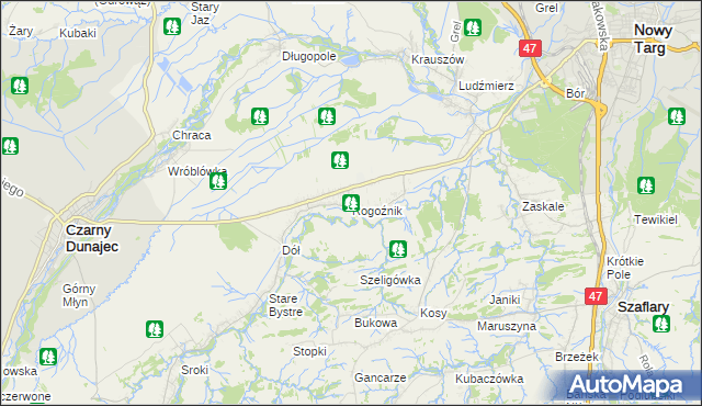 mapa Rogoźnik gmina Nowy Targ, Rogoźnik gmina Nowy Targ na mapie Targeo