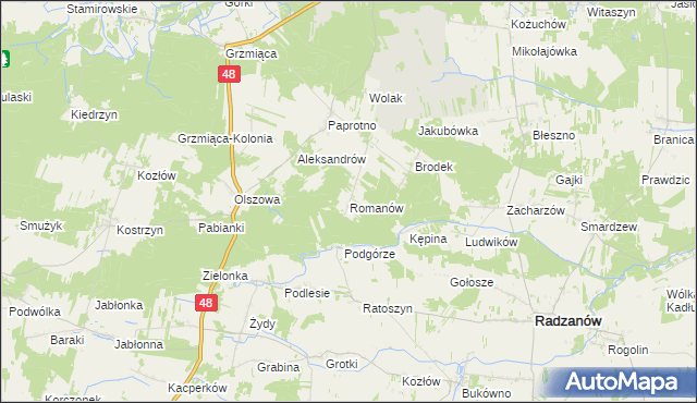 mapa Romanów gmina Wyśmierzyce, Romanów gmina Wyśmierzyce na mapie Targeo