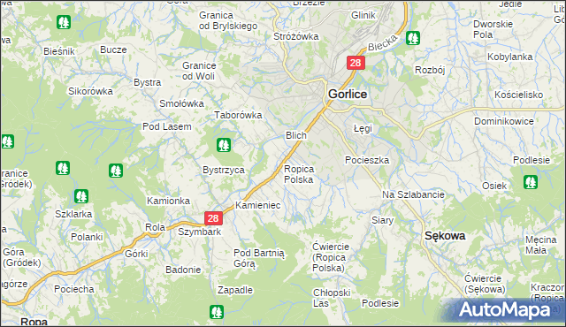 mapa Ropica Polska, Ropica Polska na mapie Targeo