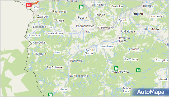 mapa Rycerka Górna, Rycerka Górna na mapie Targeo