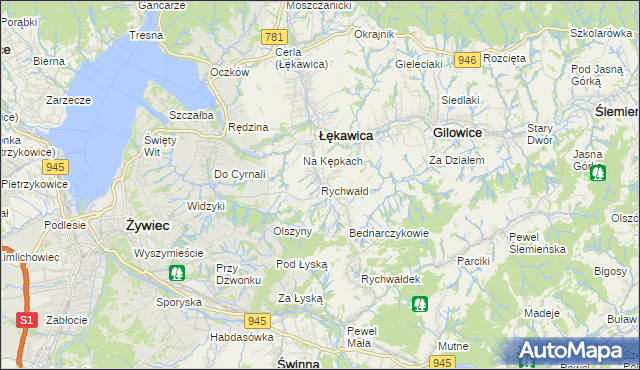 mapa Rychwałd gmina Gilowice, Rychwałd gmina Gilowice na mapie Targeo