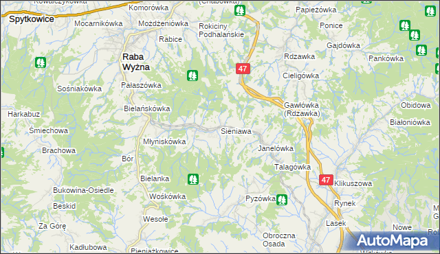 mapa Sieniawa gmina Raba Wyżna, Sieniawa gmina Raba Wyżna na mapie Targeo