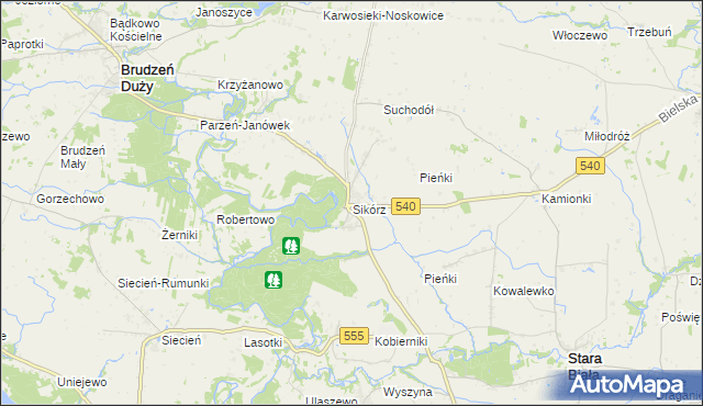 mapa Sikórz gmina Brudzeń Duży, Sikórz gmina Brudzeń Duży na mapie Targeo