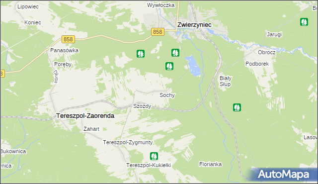 mapa Sochy gmina Zwierzyniec, Sochy gmina Zwierzyniec na mapie Targeo