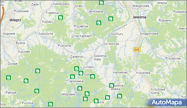 mapa Sopotnia Mała, Sopotnia Mała na mapie Targeo