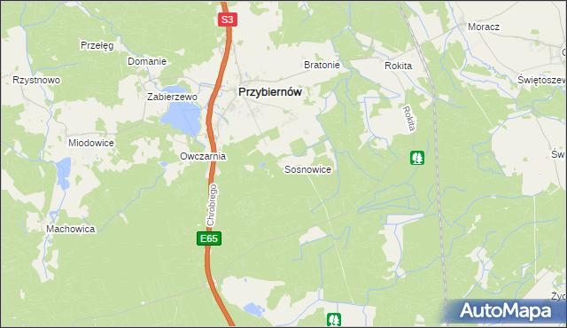 mapa Sosnowice gmina Przybiernów, Sosnowice gmina Przybiernów na mapie Targeo