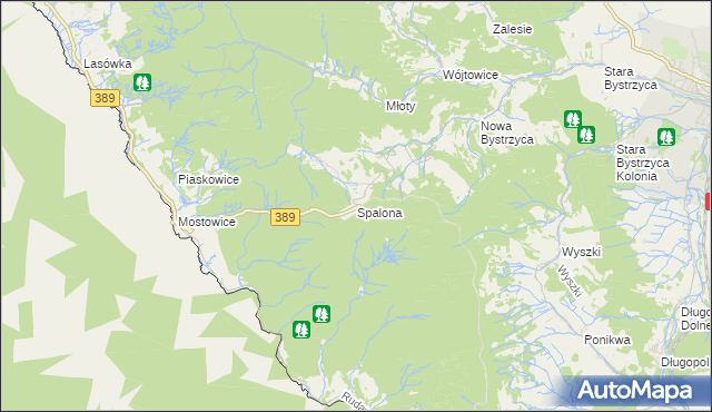 mapa Spalona gmina Bystrzyca Kłodzka, Spalona gmina Bystrzyca Kłodzka na mapie Targeo