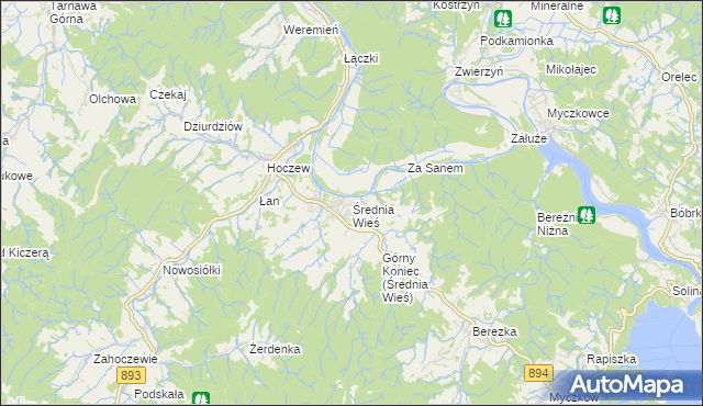 mapa Średnia Wieś gmina Lesko, Średnia Wieś gmina Lesko na mapie Targeo