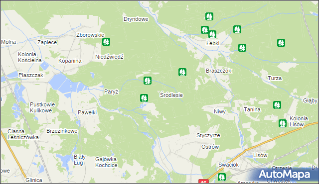 mapa Śródlesie gmina Kochanowice, Śródlesie gmina Kochanowice na mapie Targeo