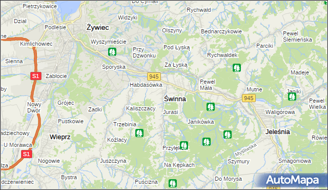 mapa Świnna powiat żywiecki, Świnna powiat żywiecki na mapie Targeo