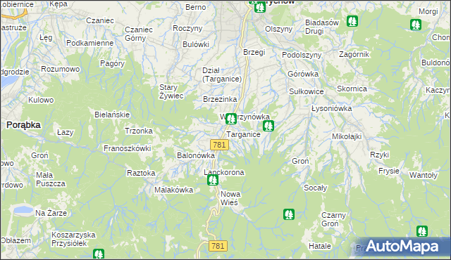 mapa Targanice, Targanice na mapie Targeo