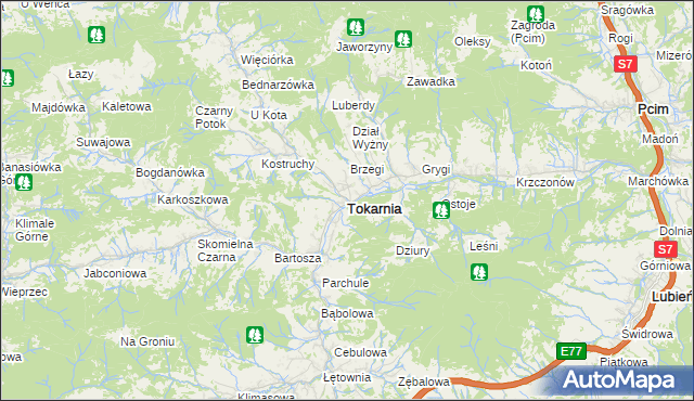 mapa Tokarnia powiat myślenicki, Tokarnia powiat myślenicki na mapie Targeo