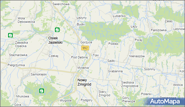 mapa Toki gmina Nowy Żmigród, Toki gmina Nowy Żmigród na mapie Targeo