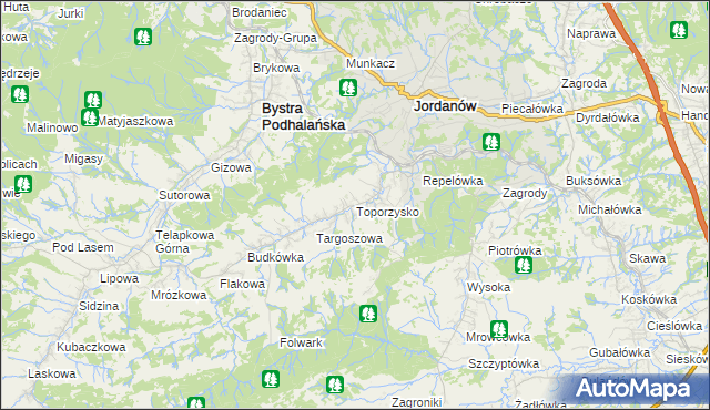 mapa Toporzysko gmina Jordanów, Toporzysko gmina Jordanów na mapie Targeo