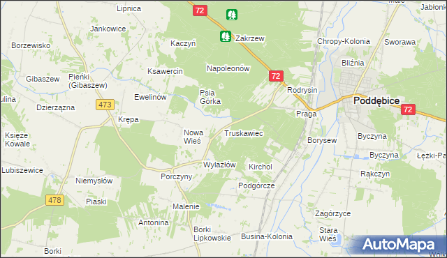 mapa Truskawiec gmina Poddębice, Truskawiec gmina Poddębice na mapie Targeo