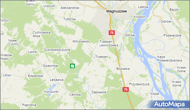 mapa Trzebień gmina Magnuszew, Trzebień gmina Magnuszew na mapie Targeo