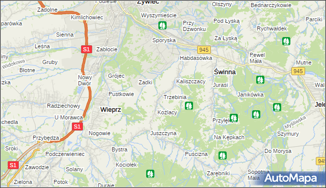 mapa Trzebinia gmina Świnna, Trzebinia gmina Świnna na mapie Targeo