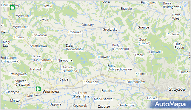 mapa Tułkowice gmina Wiśniowa, Tułkowice gmina Wiśniowa na mapie Targeo