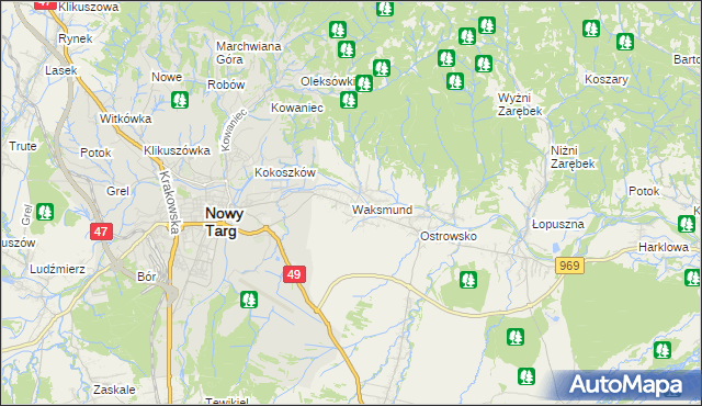 mapa Waksmund, Waksmund na mapie Targeo