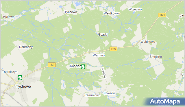 mapa Warnino gmina Tychowo, Warnino gmina Tychowo na mapie Targeo