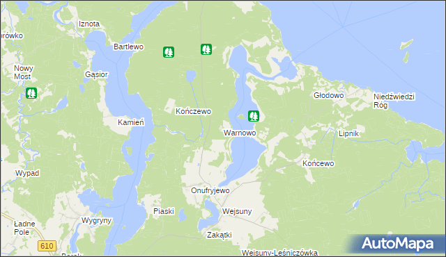 mapa Warnowo gmina Ruciane-Nida, Warnowo gmina Ruciane-Nida na mapie Targeo