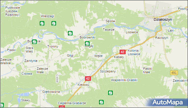 mapa Węże gmina Działoszyn, Węże gmina Działoszyn na mapie Targeo