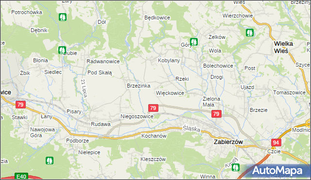 mapa Więckowice gmina Zabierzów, Więckowice gmina Zabierzów na mapie Targeo